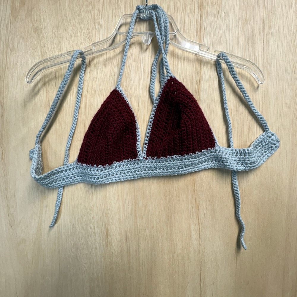 Handmade Crochet Halter Top Burgundy Blue Triangle Bikini Style Boho Festival